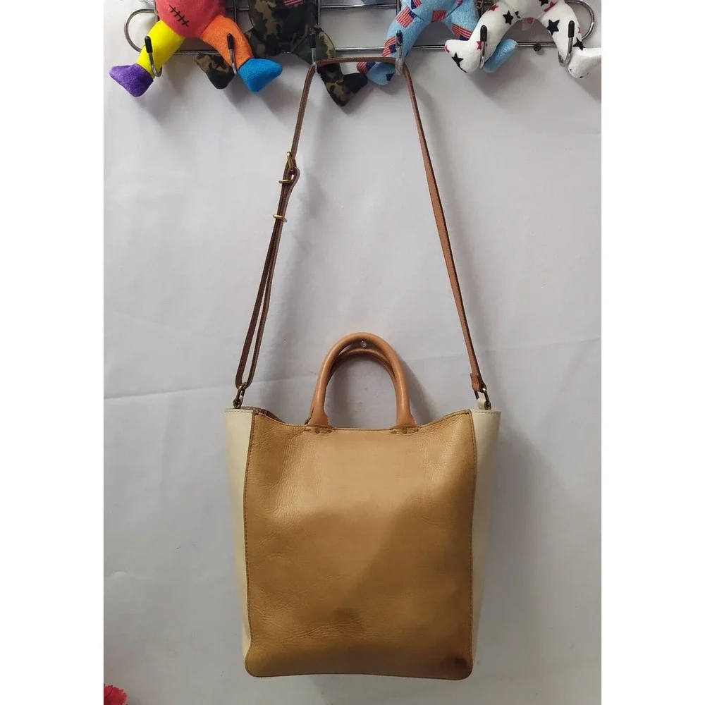 Madewell Colorblock Brown Ivory Leather Double Handles Satchel Shoulder Bag